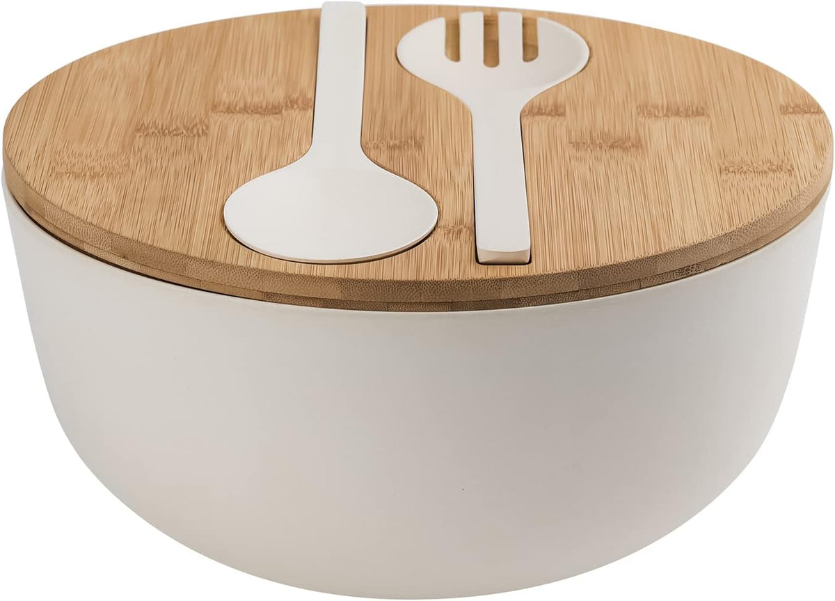 Bamboo Fiber Salad Bowl with Servers Set Large 9.8 inches Nature Bamboo Mixing Bowl with Servers with Lid Spoon and Fork for Fruits,Salads and Vegetables