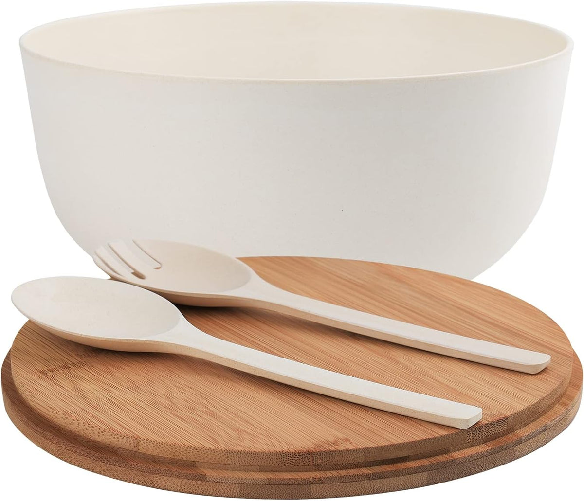 Bamboo Fiber Salad Bowl with Servers Set Large 9.8 inches Nature Bamboo Mixing Bowl with Servers with Lid Spoon and Fork for Fruits,Salads and Vegetables