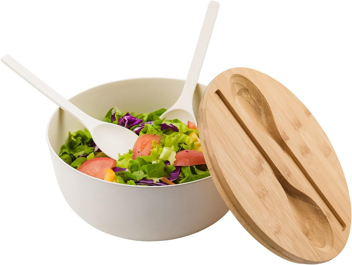 Bamboo Fiber Salad Bowl with Servers Set Large 9.8 inches Nature Bamboo Mixing Bowl with Servers with Lid Spoon and Fork for Fruits,Salads and Vegetables