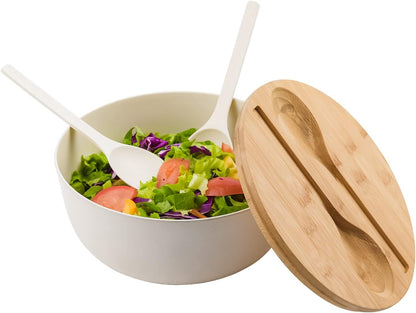 Bamboo Fiber Salad Bowl with Servers Set Large 9.8 inches Nature Bamboo Mixing Bowl with Servers with Lid Spoon and Fork for Fruits,Salads and Vegetables