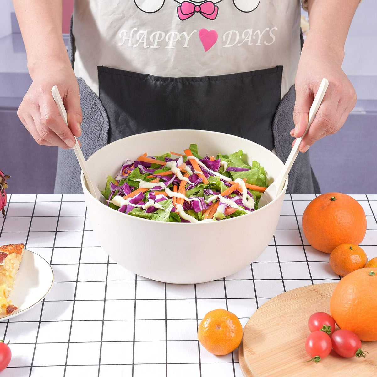 Bamboo Fiber Salad Bowl with Servers Set Large 9.8 inches Nature Bamboo Mixing Bowl with Servers with Lid Spoon and Fork for Fruits,Salads and Vegetables