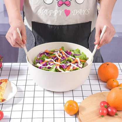 Bamboo Fiber Salad Bowl with Servers Set Large 9.8 inches Nature Bamboo Mixing Bowl with Servers with Lid Spoon and Fork for Fruits,Salads and Vegetables