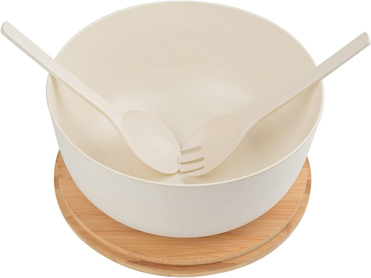 Bamboo Fiber Salad Bowl with Servers Set Large 9.8 inches Nature Bamboo Mixing Bowl with Servers with Lid Spoon and Fork for Fruits,Salads and Vegetables