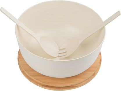 Bamboo Fiber Salad Bowl with Servers Set Large 9.8 inches Nature Bamboo Mixing Bowl with Servers with Lid Spoon and Fork for Fruits,Salads and Vegetables