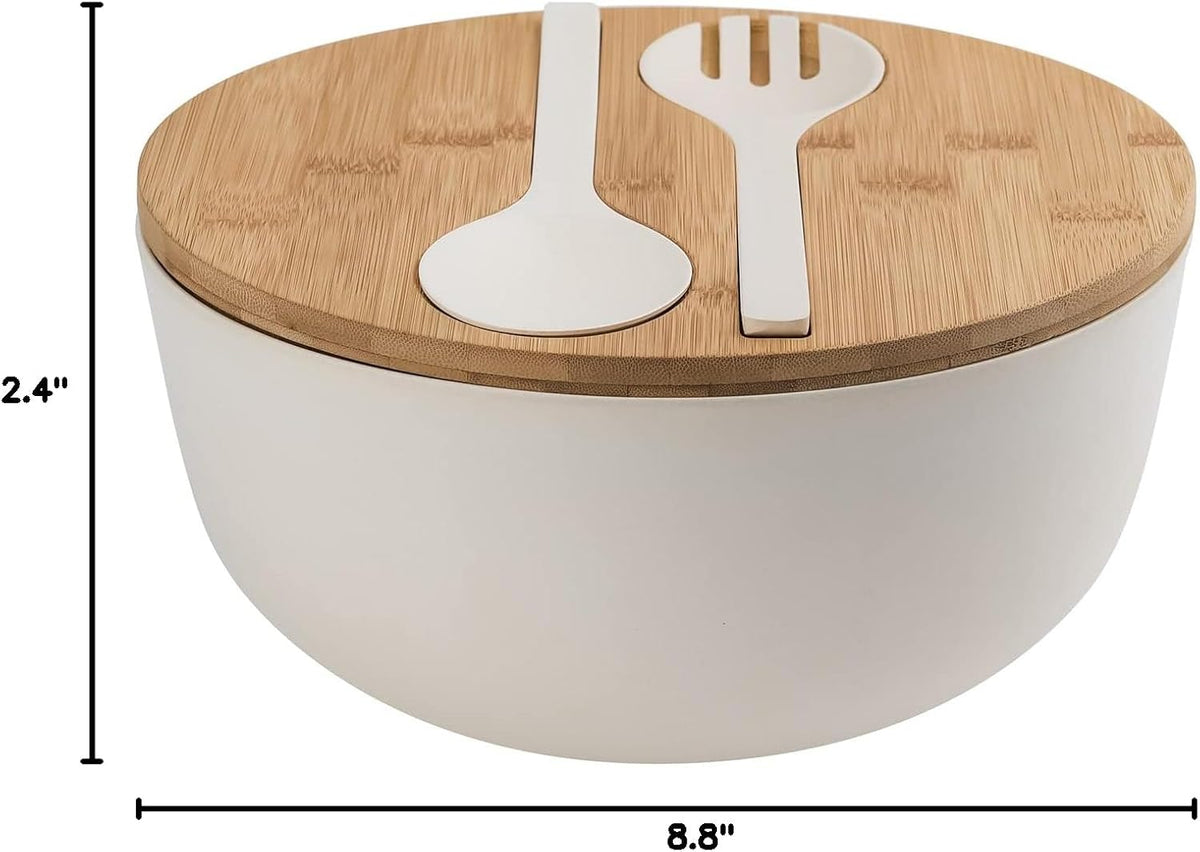 Bamboo Fiber Salad Bowl with Servers Set Large 9.8 inches Nature Bamboo Mixing Bowl with Servers with Lid Spoon and Fork for Fruits,Salads and Vegetables