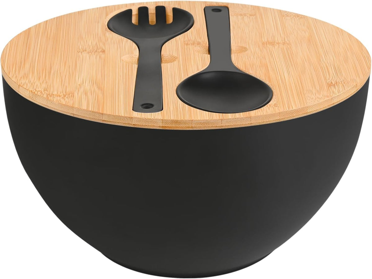 Bamboo Fiber Salad Bowl with Servers Set Large 9.8 inches Nature Bamboo Mixing Bowl with Servers with Lid Spoon and Fork for Fruits,Salads and Vegetables