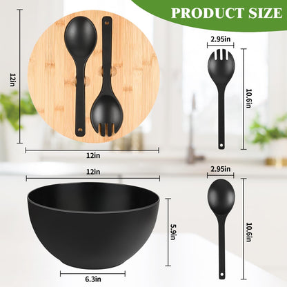 Bamboo Fiber Salad Bowl with Servers Set Large 9.8 inches Nature Bamboo Mixing Bowl with Servers with Lid Spoon and Fork for Fruits,Salads and Vegetables