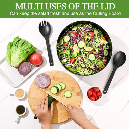 Bamboo Fiber Salad Bowl with Servers Set Large 9.8 inches Nature Bamboo Mixing Bowl with Servers with Lid Spoon and Fork for Fruits,Salads and Vegetables