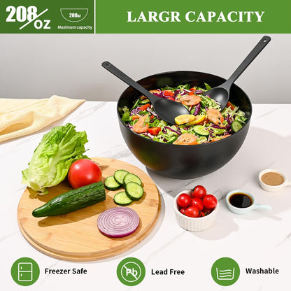 Bamboo Fiber Salad Bowl with Servers Set Large 9.8 inches Nature Bamboo Mixing Bowl with Servers with Lid Spoon and Fork for Fruits,Salads and Vegetables
