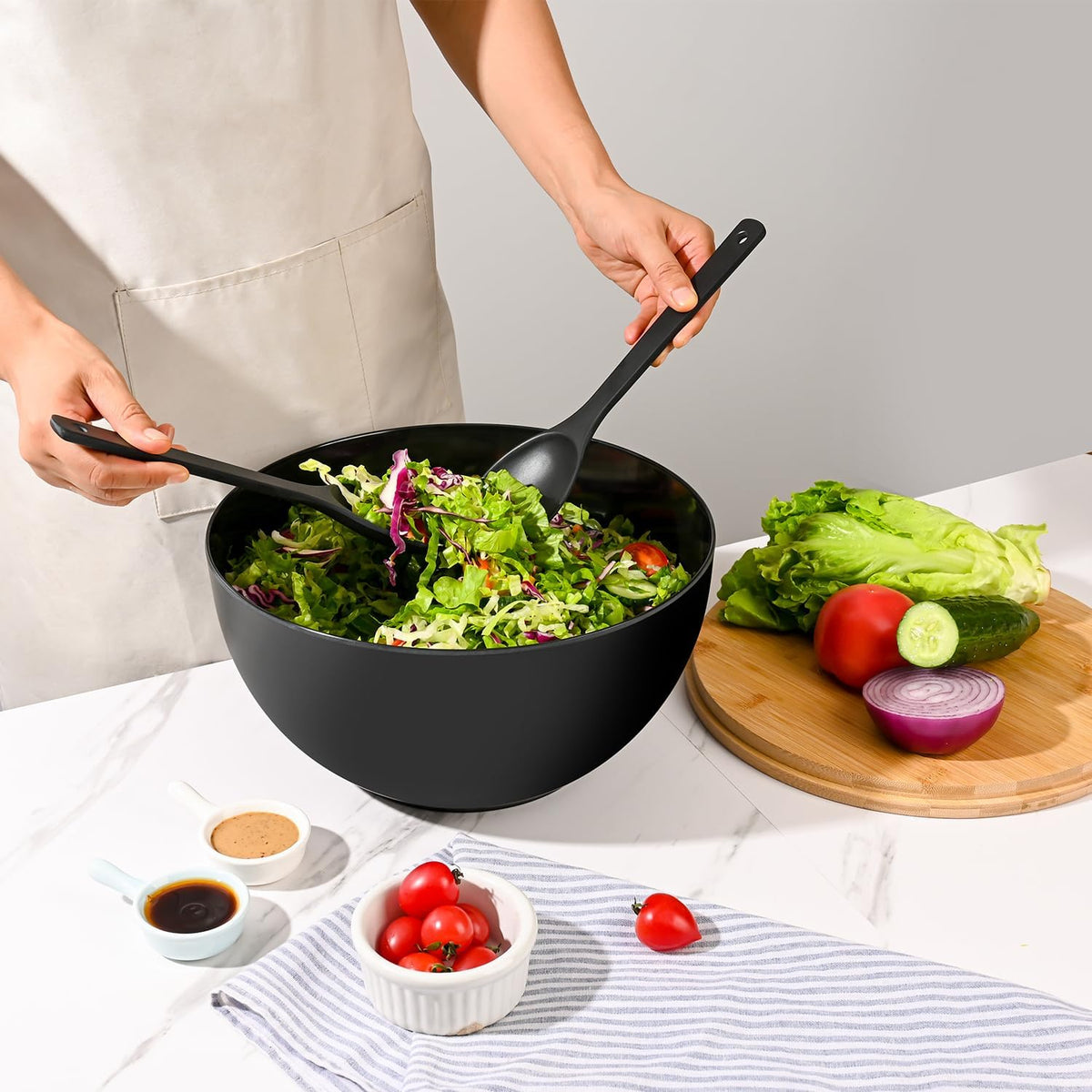 Bamboo Fiber Salad Bowl with Servers Set Large 9.8 inches Nature Bamboo Mixing Bowl with Servers with Lid Spoon and Fork for Fruits,Salads and Vegetables