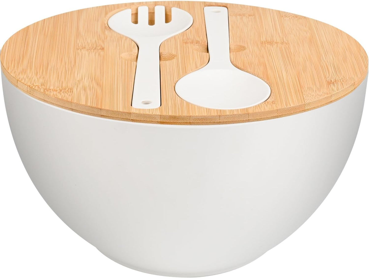 Bamboo Fiber Salad Bowl with Servers Set Large 9.8 inches Nature Bamboo Mixing Bowl with Servers with Lid Spoon and Fork for Fruits,Salads and Vegetables