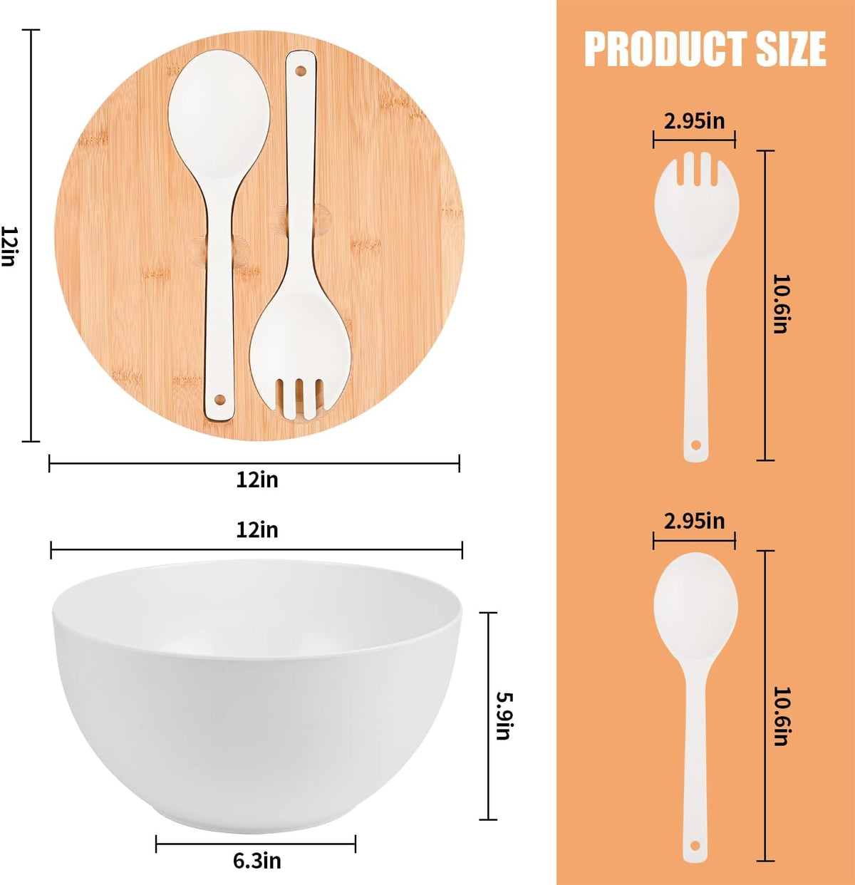 Bamboo Fiber Salad Bowl with Servers Set Large 9.8 inches Nature Bamboo Mixing Bowl with Servers with Lid Spoon and Fork for Fruits,Salads and Vegetables
