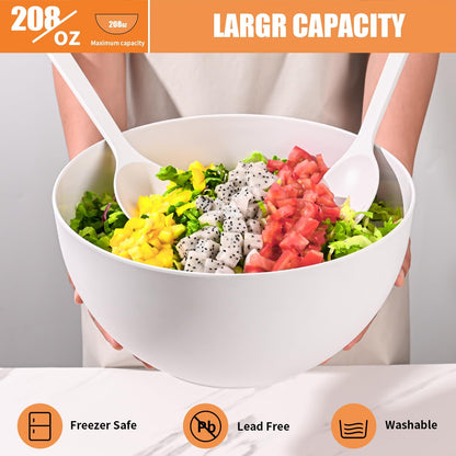 Bamboo Fiber Salad Bowl with Servers Set Large 9.8 inches Nature Bamboo Mixing Bowl with Servers with Lid Spoon and Fork for Fruits,Salads and Vegetables