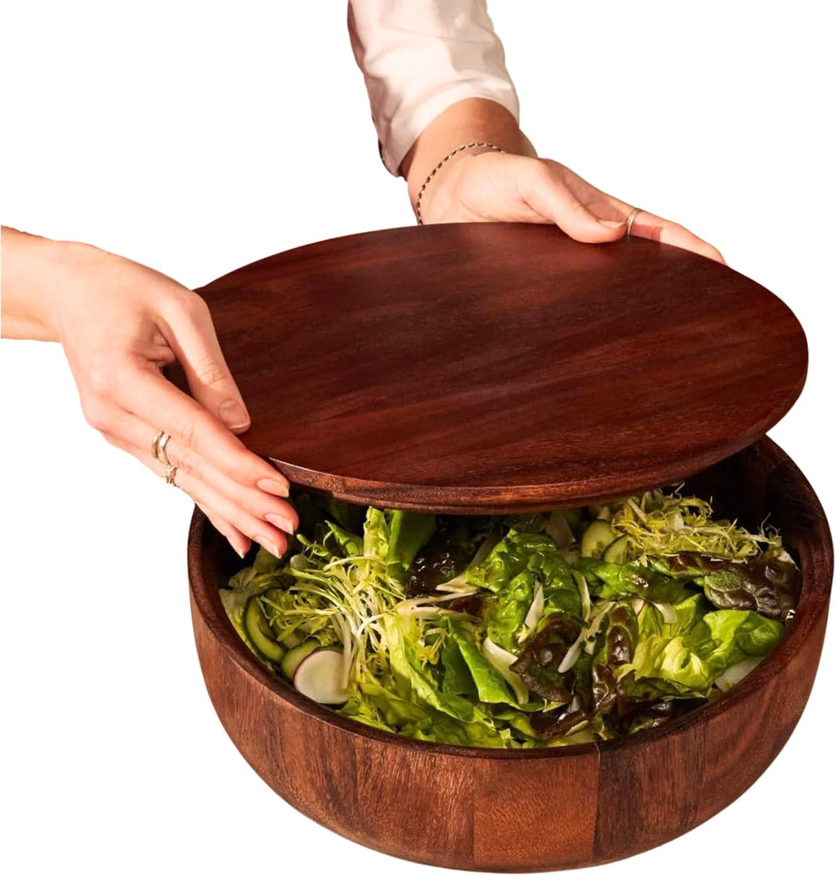 Studio Dot Salad Bowl | Large Walnut Wood Serving Bowl with Matching Lid for Storage & Transport | Sloped Sides for Easy Serving | Modern Entertaining & Hostess Gift Dinner Table Home Decor