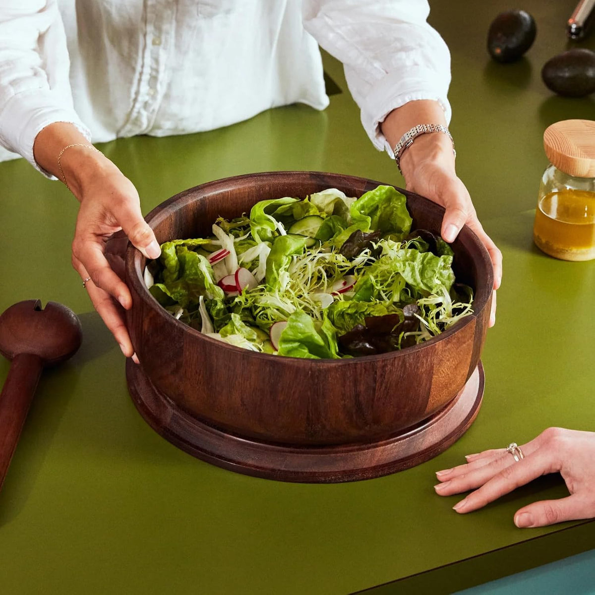Studio Dot Salad Bowl | Large Walnut Wood Serving Bowl with Matching Lid for Storage & Transport | Sloped Sides for Easy Serving | Modern Entertaining & Hostess Gift Dinner Table Home Decor