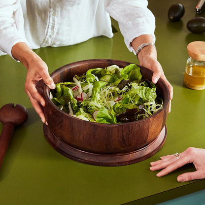 Studio Dot Salad Bowl | Large Walnut Wood Serving Bowl with Matching Lid for Storage & Transport | Sloped Sides for Easy Serving | Modern Entertaining & Hostess Gift Dinner Table Home Decor