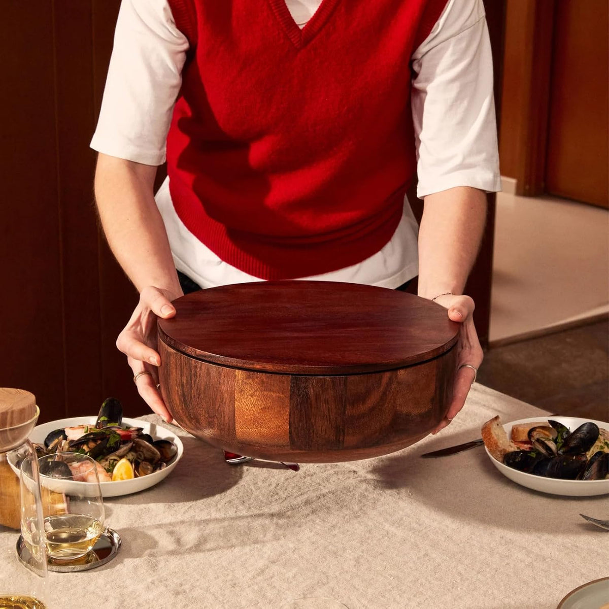 Studio Dot Salad Bowl | Large Walnut Wood Serving Bowl with Matching Lid for Storage & Transport | Sloped Sides for Easy Serving | Modern Entertaining & Hostess Gift Dinner Table Home Decor