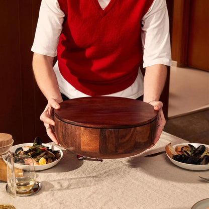 Studio Dot Salad Bowl | Large Walnut Wood Serving Bowl with Matching Lid for Storage & Transport | Sloped Sides for Easy Serving | Modern Entertaining & Hostess Gift Dinner Table Home Decor