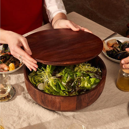Studio Dot Salad Bowl | Large Walnut Wood Serving Bowl with Matching Lid for Storage & Transport | Sloped Sides for Easy Serving | Modern Entertaining & Hostess Gift Dinner Table Home Decor