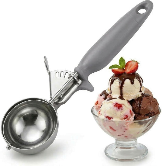 Ice Cream Scoop Disher 4 oz – Stainless Steel Commercial Ice Cream Scooper with Ergonomic Gray Handle – Heavy Duty Trigger Release Portion Scoop for Ice Cream, Gelato | AL1308