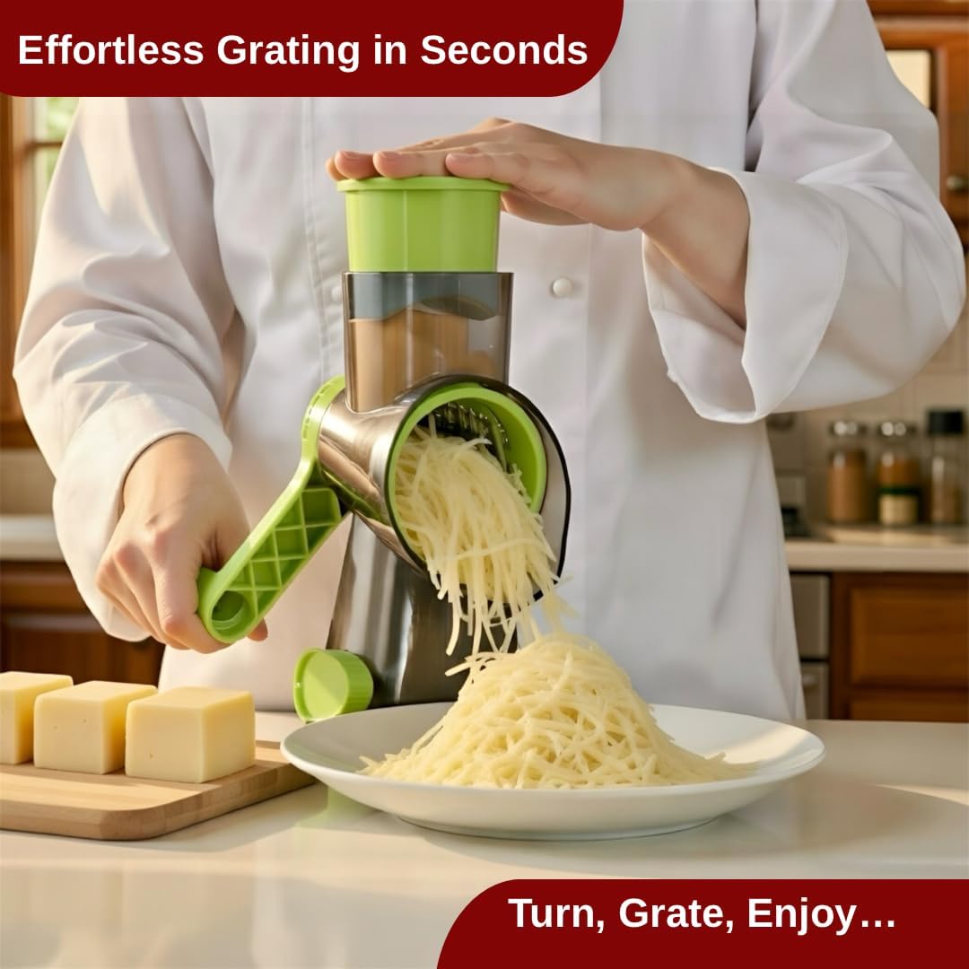 Cheese Grater Hand Crank - Rotary Cheese Shredder - 3 Interchangeable Stainless Steel Blades & Strong Suction Base - Parmesan Vegetable Grater - Manual Kitchen Vegetable Slicer