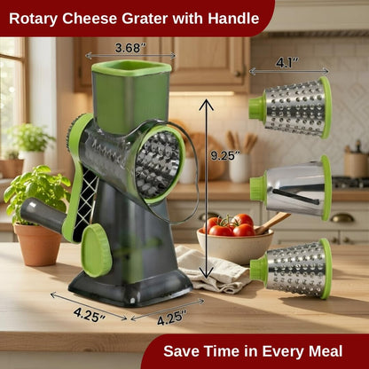 Cheese Grater Hand Crank - Rotary Cheese Shredder - 3 Interchangeable Stainless Steel Blades & Strong Suction Base - Parmesan Vegetable Grater - Manual Kitchen Vegetable Slicer
