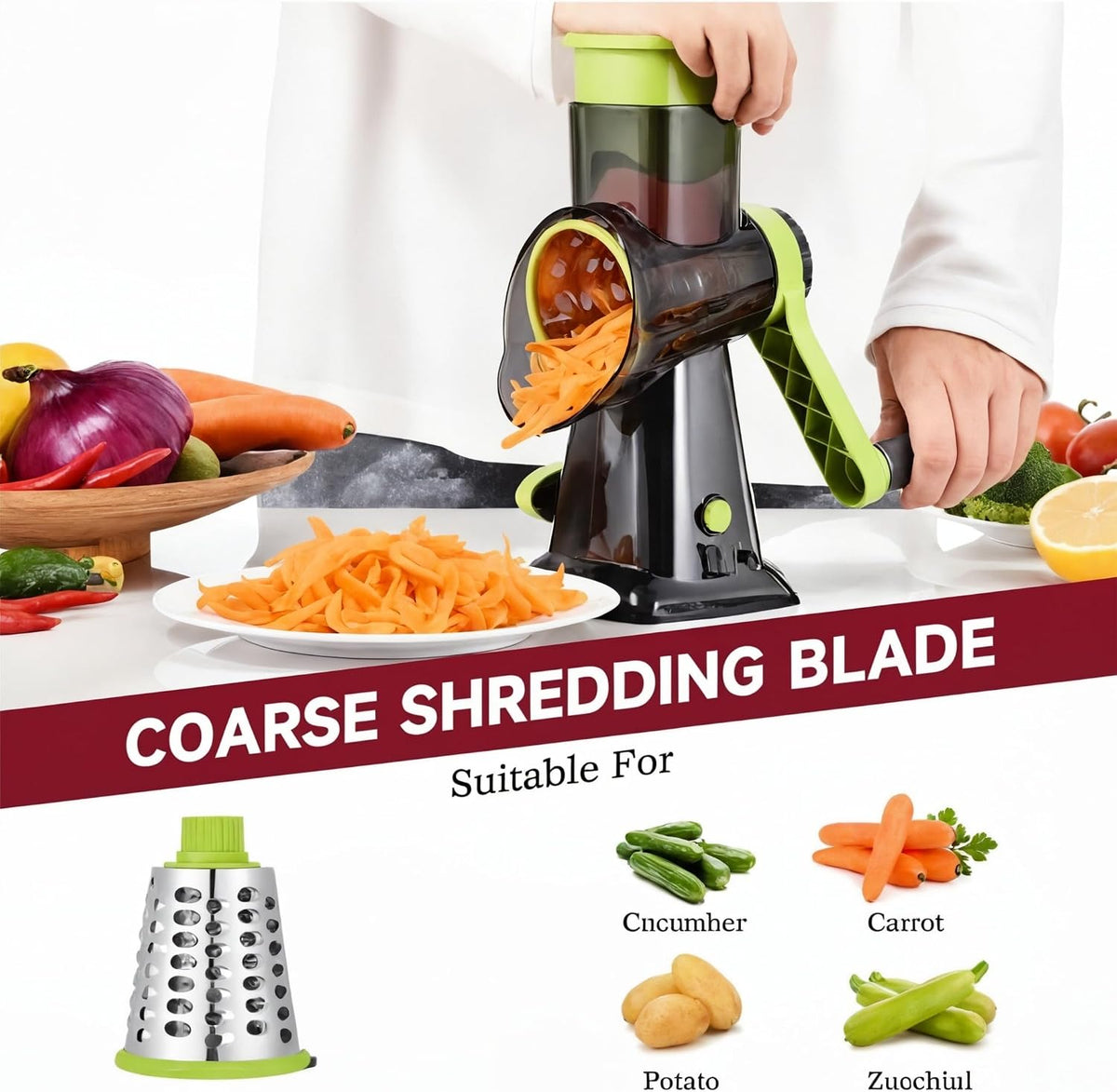 Cheese Grater Hand Crank - Rotary Cheese Shredder - 3 Interchangeable Stainless Steel Blades & Strong Suction Base - Parmesan Vegetable Grater - Manual Kitchen Vegetable Slicer