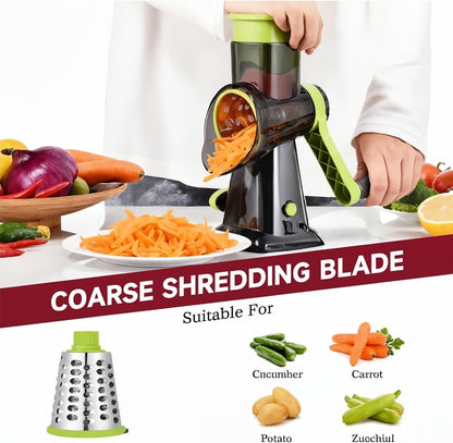 Cheese Grater Hand Crank - Rotary Cheese Shredder - 3 Interchangeable Stainless Steel Blades & Strong Suction Base - Parmesan Vegetable Grater - Manual Kitchen Vegetable Slicer