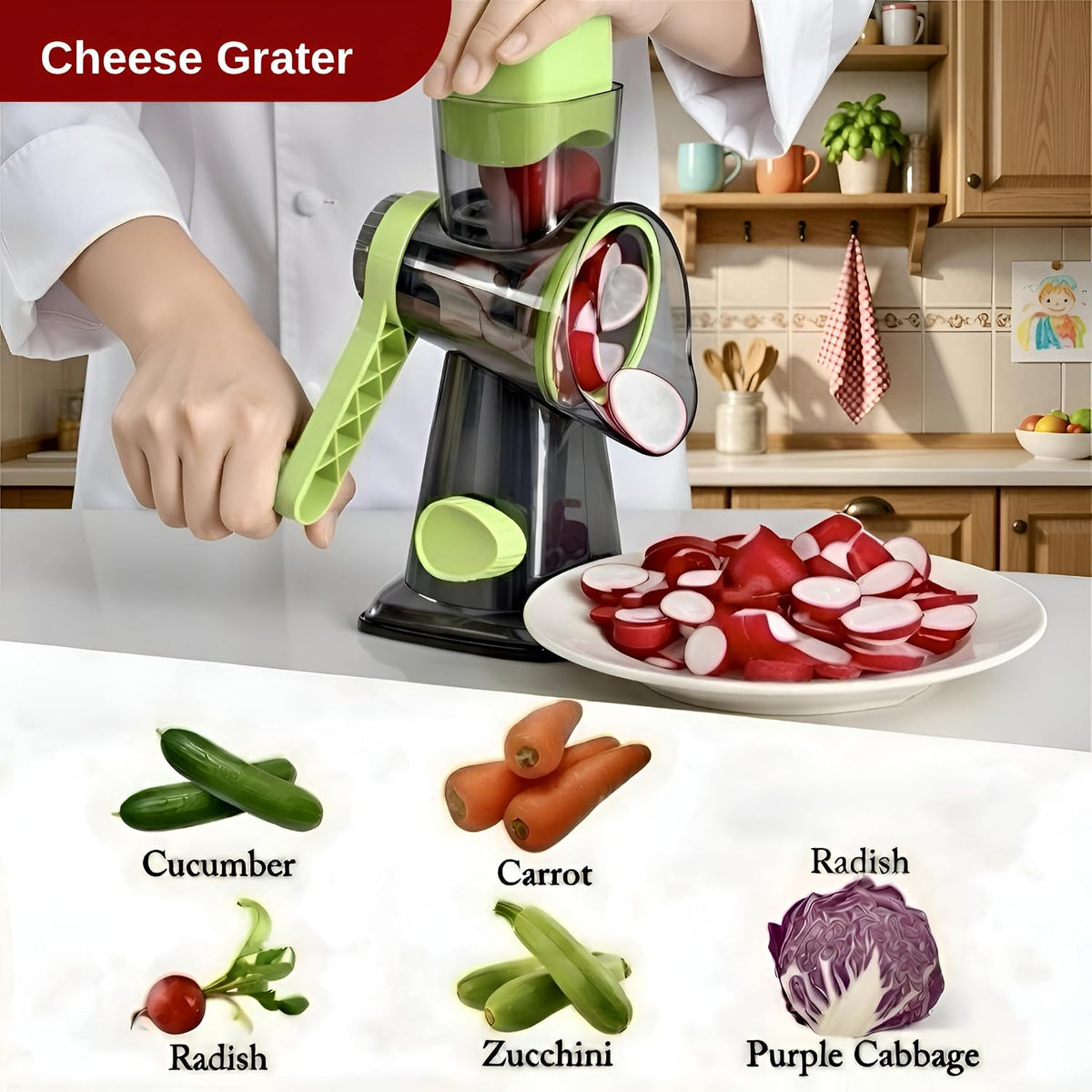 Cheese Grater Hand Crank - Rotary Cheese Shredder - 3 Interchangeable Stainless Steel Blades & Strong Suction Base - Parmesan Vegetable Grater - Manual Kitchen Vegetable Slicer