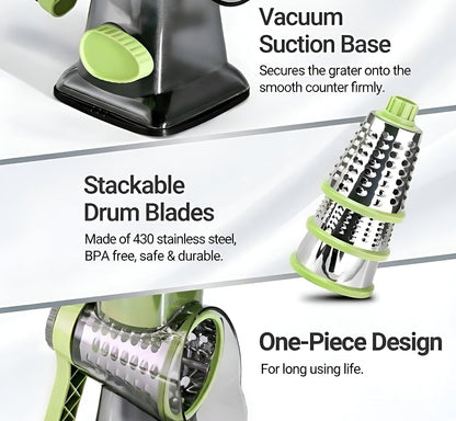 Cheese Grater Hand Crank - Rotary Cheese Shredder - 3 Interchangeable Stainless Steel Blades & Strong Suction Base - Parmesan Vegetable Grater - Manual Kitchen Vegetable Slicer