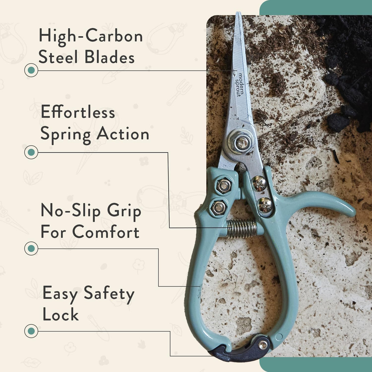 Pruning Shears - Garden Snips - Herb Scissors - Ocean 1-Pack | Lightweight Gardening Tool - Durable Carbon Steel Blade W/Easy-Lock - Gardening Supplies - Flower Cutter - Reusable Holster