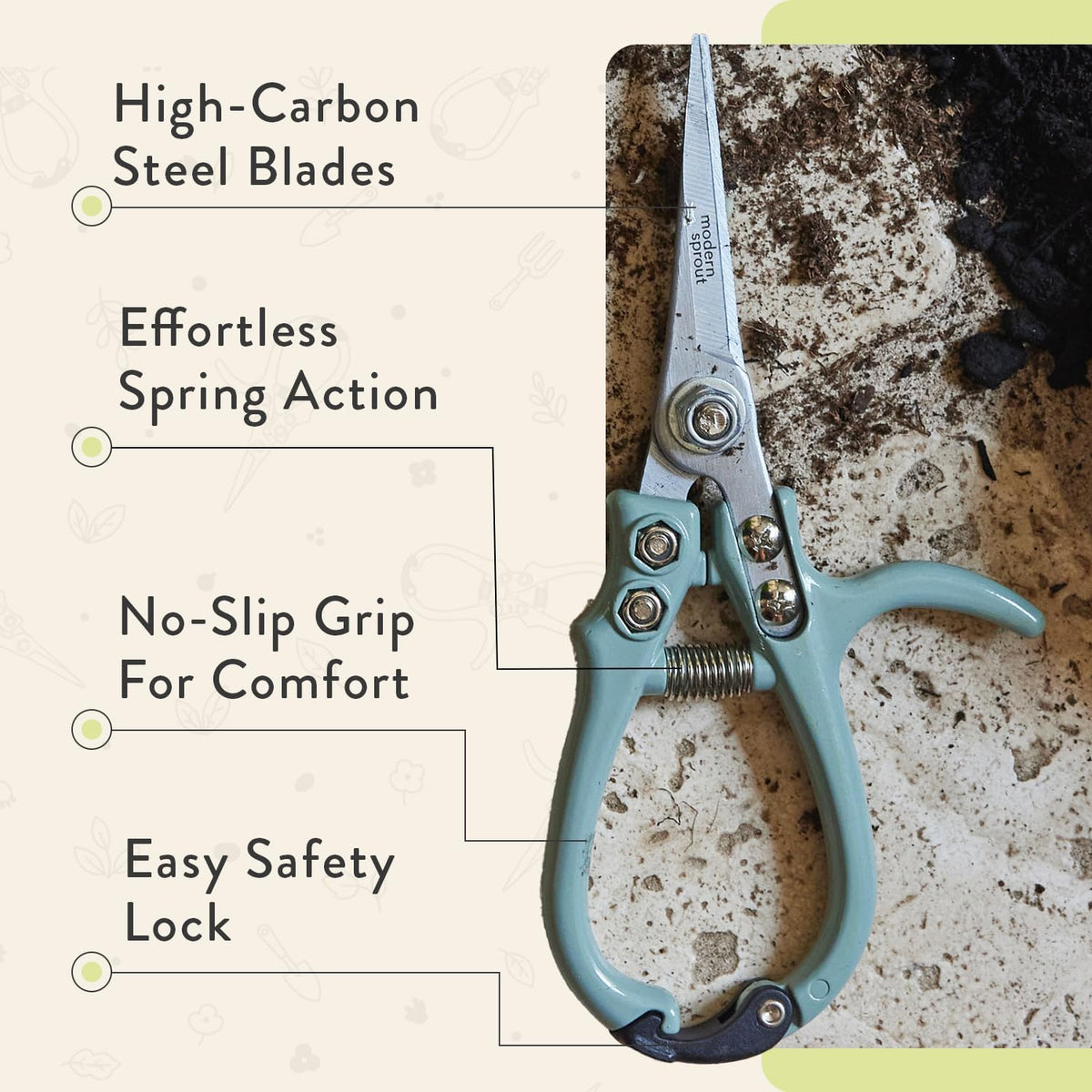 Pruning Shears - Garden Snips - Herb Scissors - Ocean 1-Pack | Lightweight Gardening Tool - Durable Carbon Steel Blade W/Easy-Lock - Gardening Supplies - Flower Cutter - Reusable Holster