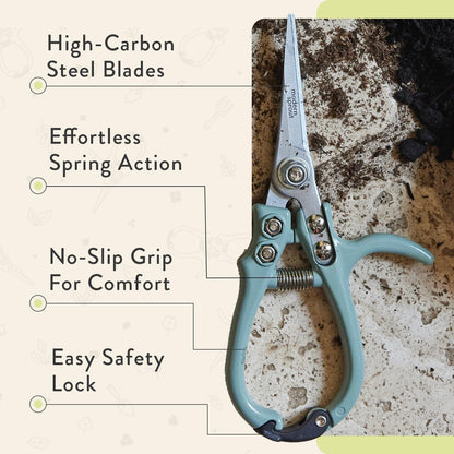 Pruning Shears - Garden Snips - Herb Scissors - Ocean 1-Pack | Lightweight Gardening Tool - Durable Carbon Steel Blade W/Easy-Lock - Gardening Supplies - Flower Cutter - Reusable Holster