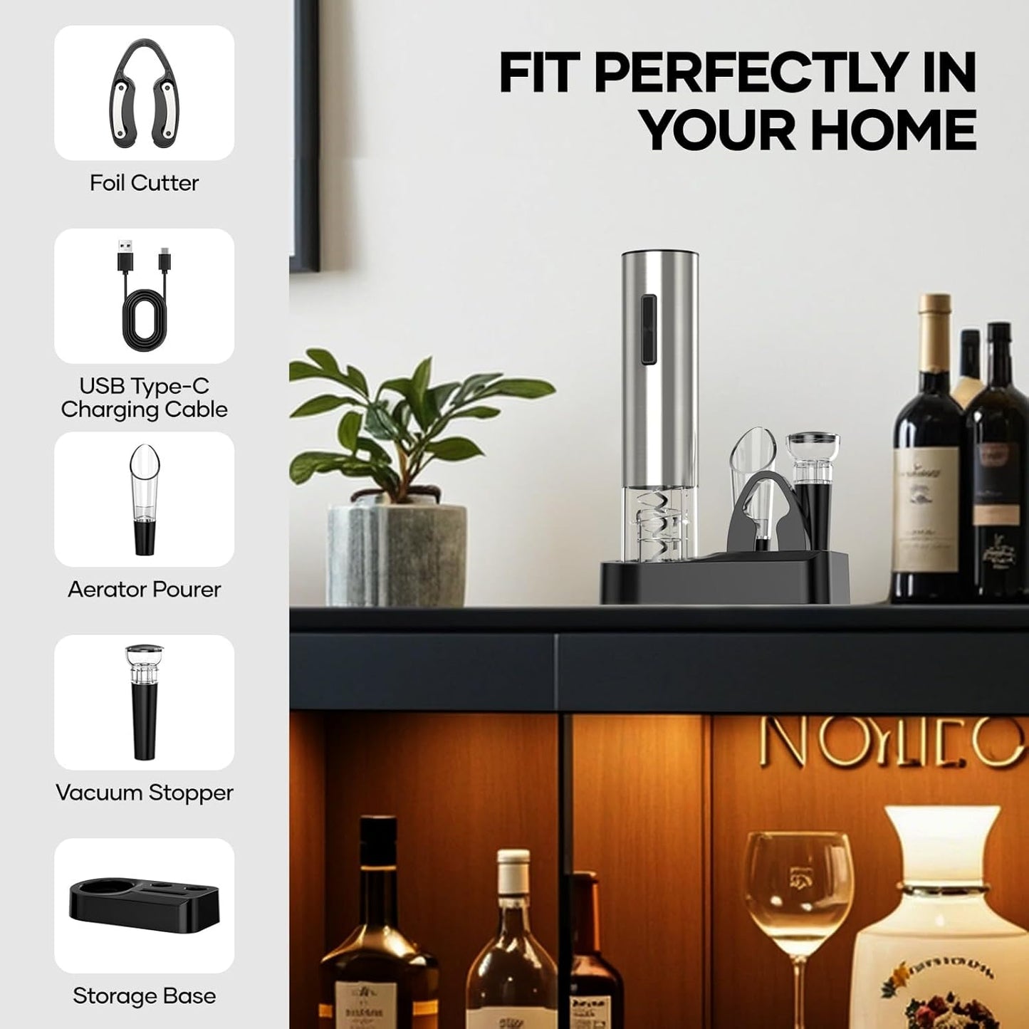 Electric Wine Opener, Rechargeable Wine Bottle Opener, Automatic Corkscrew with Vacuum Stopper, Aerator Pourer, Foil Cutter, Display Base, Gifts for Valentines Day New Home Wedding Birthday