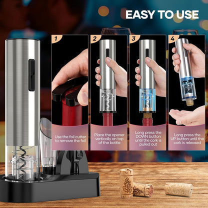 Electric Wine Opener, Rechargeable Wine Bottle Opener, Automatic Corkscrew with Vacuum Stopper, Aerator Pourer, Foil Cutter, Display Base, Gifts for Valentines Day New Home Wedding Birthday