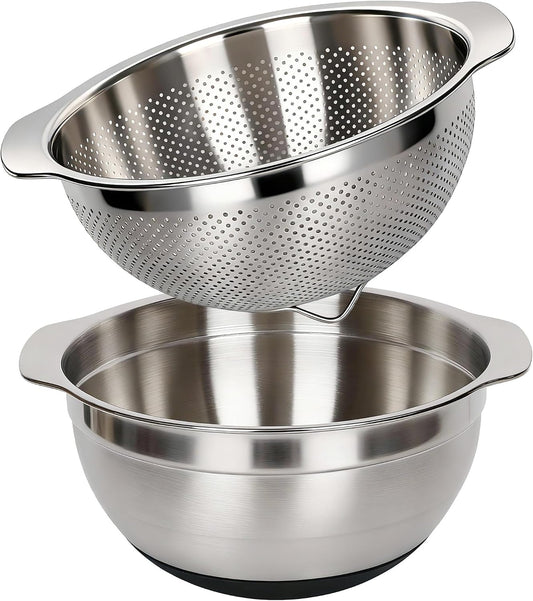 304 Stainless Steel Colander, 2.5 QT Capacity and 2.5 QT Mixing Bowl, Micropore Strainer for Washing Rice, Fruit, and Veggies, Perfect Draining for Cooked Pasta