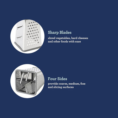 Bluemarine 9-Inch 4-Sided Box Grater – Stainless Steel Cheese and Vegetable Grater, Kitchen Tool for Shredding, Slicing, Grating, Blue/Grey Handle