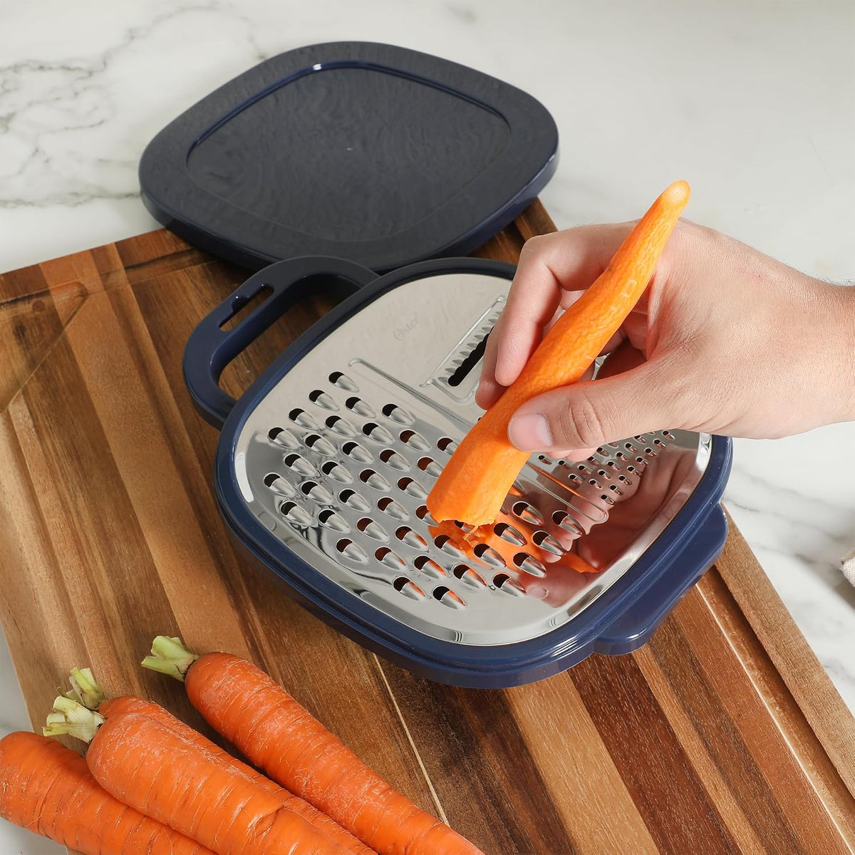 Bluemarine 9-Inch 4-Sided Box Grater – Stainless Steel Cheese and Vegetable Grater, Kitchen Tool for Shredding, Slicing, Grating, Blue/Grey Handle