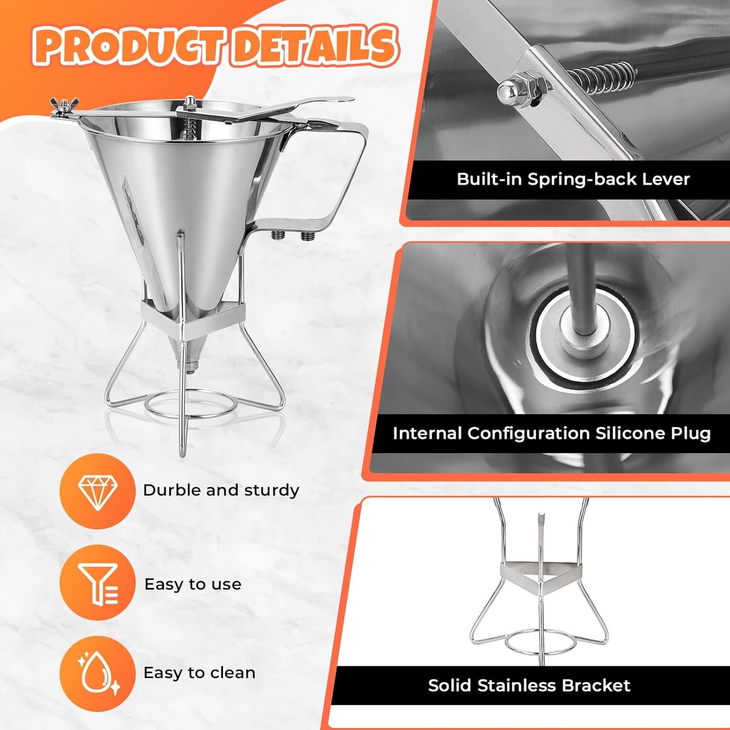 Large 60oz Stainless Steel Pancake Batter Dispenser with Stand and Tools, Great for Pancakes, Cupcake, Candle Wax Pourer, Durable, Leak-Free and Easy to Clean