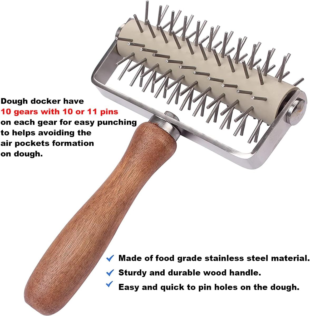 Dough Docker Roller Stainless Steel and Wooden Dough Roller, Set of 2 Pizza Pin Roller Dough Hole Maker Wood Pastry Pizza Roller for Pizza, Cookie, Pie, Pastry, Bread, Crust