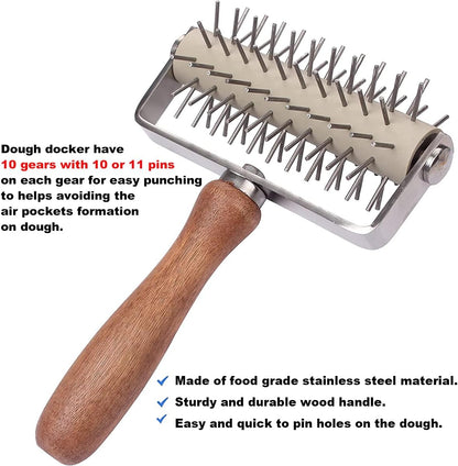 Dough Docker Roller Stainless Steel and Wooden Dough Roller, Set of 2 Pizza Pin Roller Dough Hole Maker Wood Pastry Pizza Roller for Pizza, Cookie, Pie, Pastry, Bread, Crust