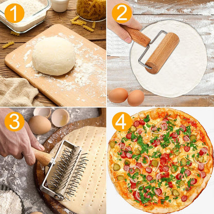 Dough Docker Roller Stainless Steel and Wooden Dough Roller, Set of 2 Pizza Pin Roller Dough Hole Maker Wood Pastry Pizza Roller for Pizza, Cookie, Pie, Pastry, Bread, Crust