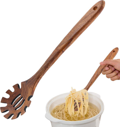 Pasta Spoon,Spaghetti Spoon with Teeth,Pasta Serving Forks | Wooden Spaghetti Server Spoons,13inch Spaghettis Scoop Strainer Noodle Spoon,Useful Functional Kitchen Tool,Easy to Grip