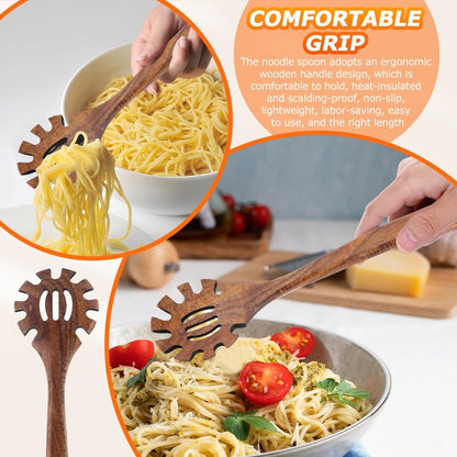 Pasta Spoon,Spaghetti Spoon with Teeth,Pasta Serving Forks | Wooden Spaghetti Server Spoons,13inch Spaghettis Scoop Strainer Noodle Spoon,Useful Functional Kitchen Tool,Easy to Grip
