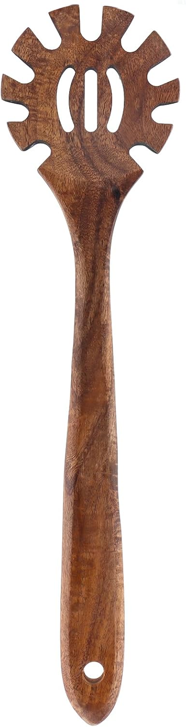 Pasta Spoon,Spaghetti Spoon with Teeth,Pasta Serving Forks | Wooden Spaghetti Server Spoons,13inch Spaghettis Scoop Strainer Noodle Spoon,Useful Functional Kitchen Tool,Easy to Grip