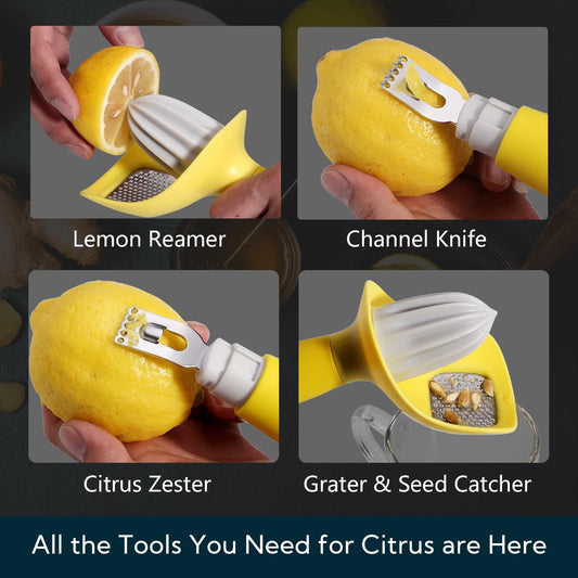 Lemon Zester Bar Tool 4 in 1, Citrus Lime Zester Peeler, Channel Knife, Citrus Reamer, Grater, Seed Pip Catcher to Avoid Mess, Soft-Touch Grip, Compact for Easy Storage, Dishwasher Safe