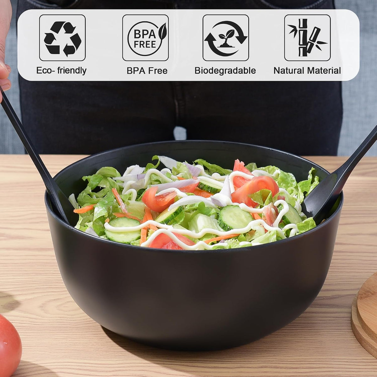 12" Salad Bowls, Bamboo Fiber Salad Bowl with Lid, 7.7Qt Extra Large Mixing Bowls with Servers for Kitchen, Salad Serving Bowl Set with Utensils for Salad, Pasta, Fruits, Vegetables and Dessert