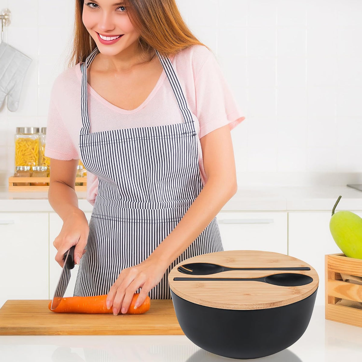 12" Salad Bowls, Bamboo Fiber Salad Bowl with Lid, 7.7Qt Extra Large Mixing Bowls with Servers for Kitchen, Salad Serving Bowl Set with Utensils for Salad, Pasta, Fruits, Vegetables and Dessert