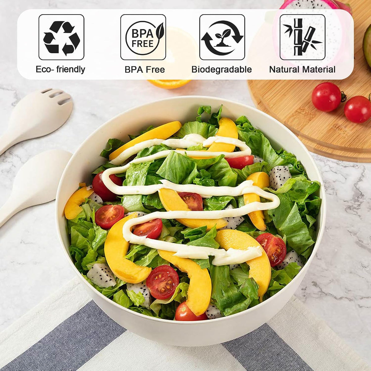 12" Salad Bowls, Bamboo Fiber Salad Bowl with Lid, 7.7Qt Extra Large Mixing Bowls with Servers for Kitchen, Salad Serving Bowl Set with Utensils for Salad, Pasta, Fruits, Vegetables and Dessert