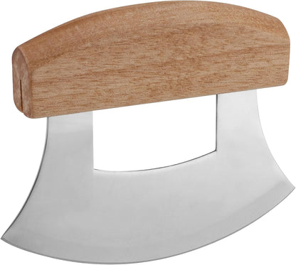 4 PCS Pizza Mezzaluna Ulu Knife, Salad Chopper Rocker Knife Stainless Steel Blade with Wooden Handle for Chopping Vegetable, Fruit